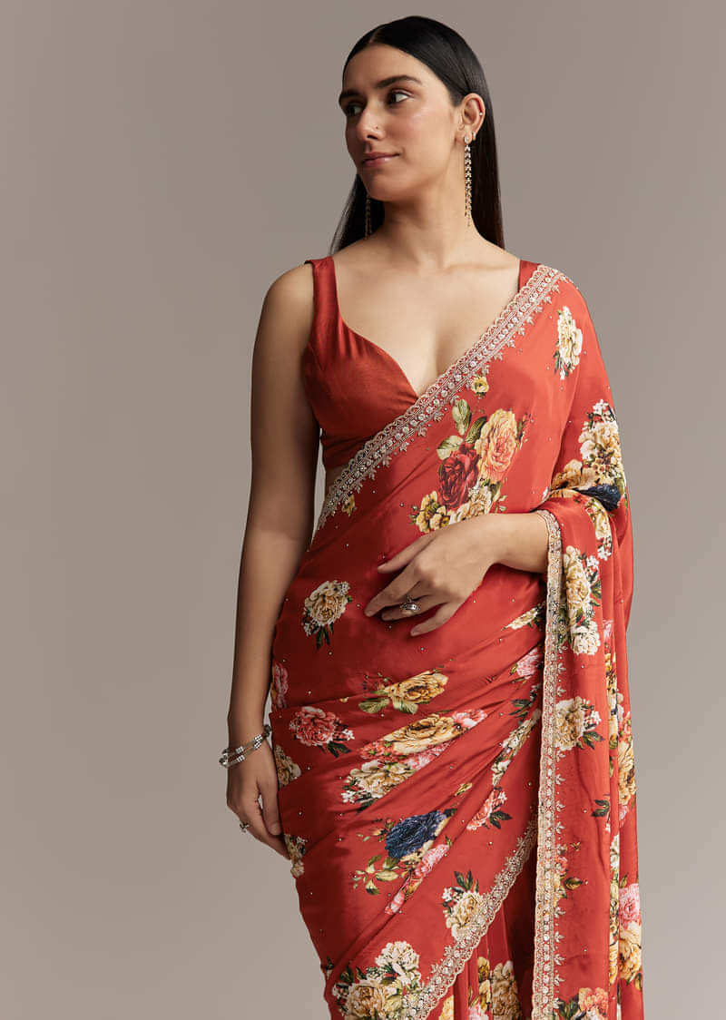 Maroon Crepe Saree With Multicolor Floral Print And Embellished Border