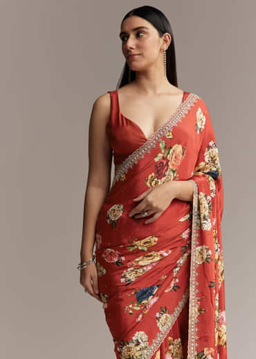 Maroon Crepe Saree With Multicolor Floral Print And Embellished Border