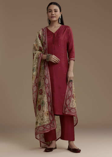 Maroon Foil Mirror Kurta Set with Kalamkari Dupatta
