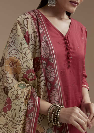 Maroon Foil Mirror Kurta Set with Kalamkari Dupatta