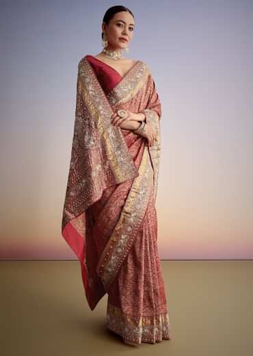 Maroon Jacquard Silk Saree With Heavy Embroidered Border And Pallu
