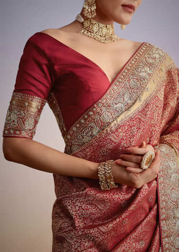 Maroon Jacquard Silk Saree With Heavy Embroidered Border And Pallu