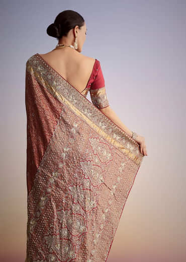 Maroon Jacquard Silk Saree With Heavy Embroidered Border And Pallu
