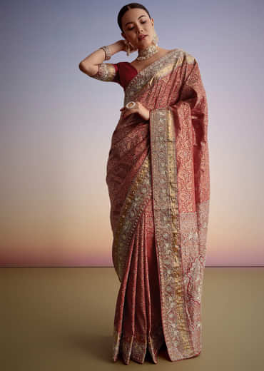 Maroon Jacquard Silk Saree With Heavy Embroidered Border And Pallu