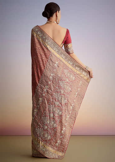Maroon Jacquard Silk Saree With Heavy Embroidered Border And Pallu