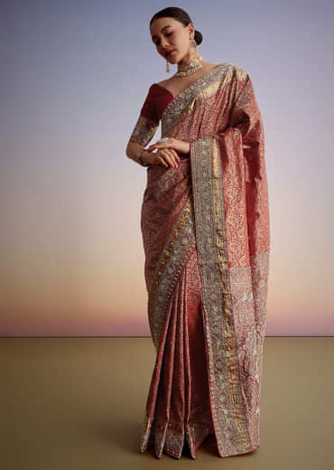 Maroon Jacquard Silk Saree With Heavy Embroidered Border And Pallu