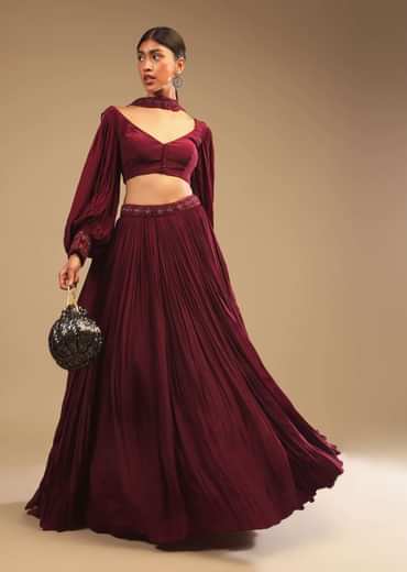 Maroon Lehenga In Crepe With Embroidery Detailing On The Waist And Bishop Sleeved Crop Top