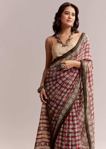 Maroon Linen Printed Saree With Traditional Ajrakh Print