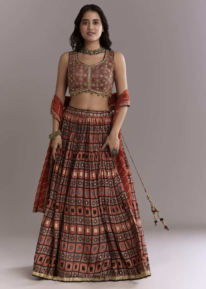 Maroon Modal Bridesmaid Lehenga With Hand Dyed Ajrakh Print