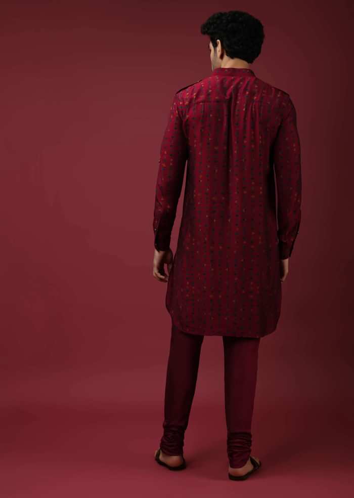 Maroon Nehru Jacket With Block Printed Floral Buttis And Geometric Printed Kurta Set