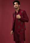 Maroon Nehru Jacket With Block Printed Floral Buttis And Geometric Printed Kurta Set