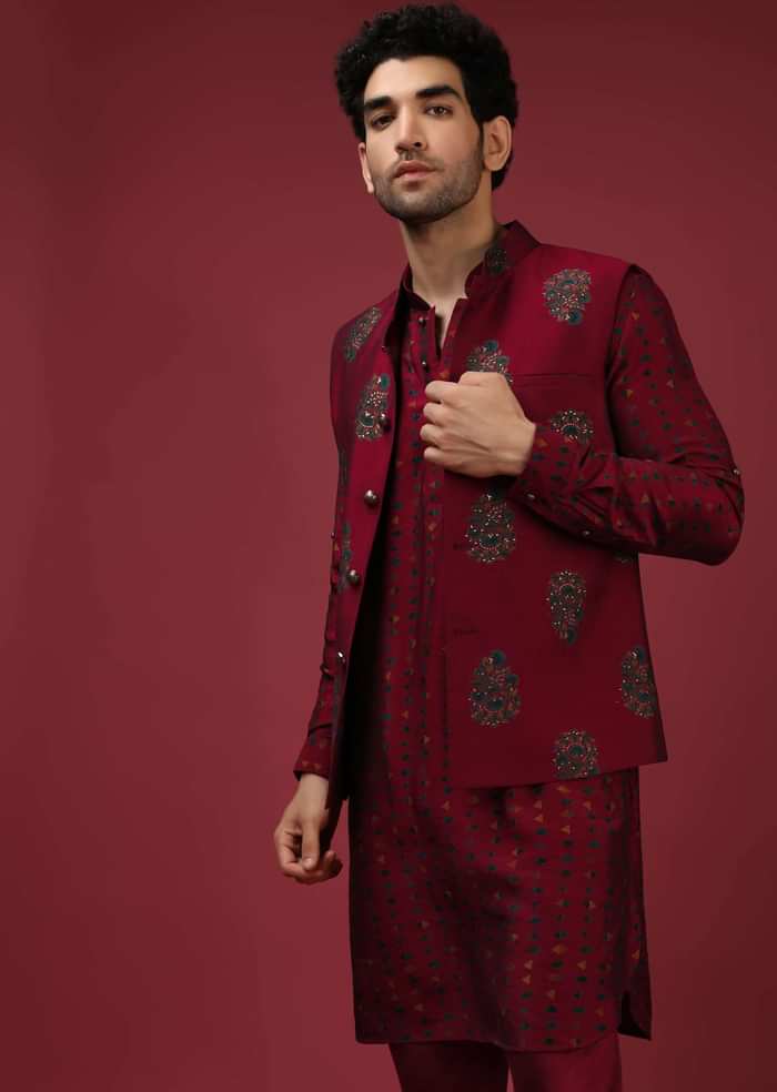 Maroon Nehru Jacket With Block Printed Floral Buttis And Geometric Printed Kurta Set