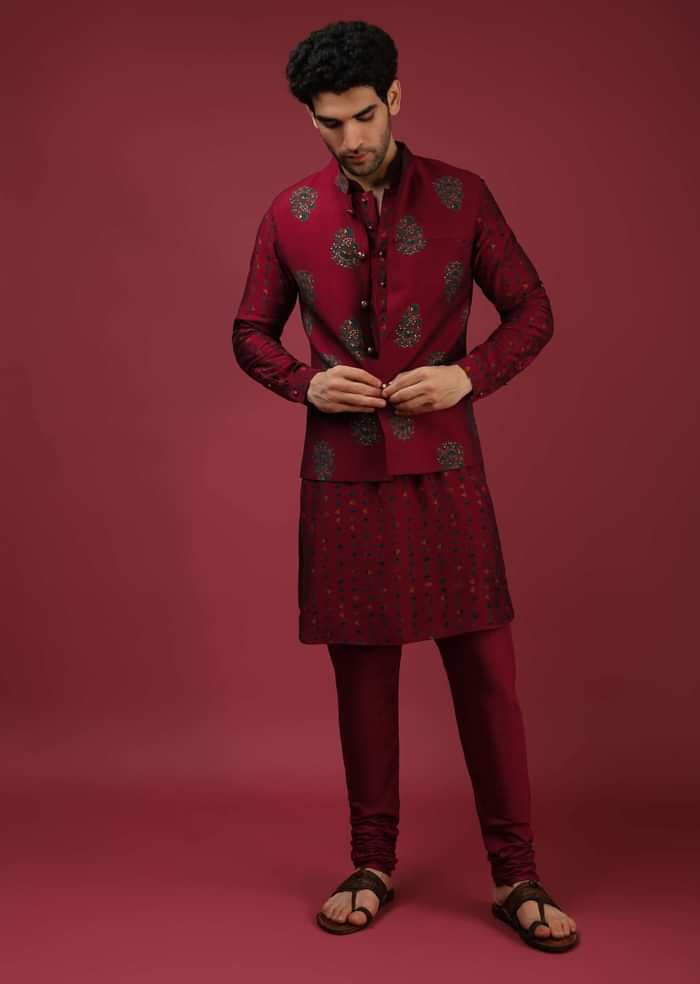 Maroon Nehru Jacket With Block Printed Floral Buttis And Geometric Printed Kurta Set