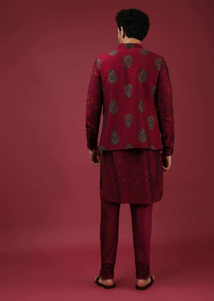 Maroon Nehru Jacket With Block Printed Floral Buttis And Geometric Printed Kurta Set