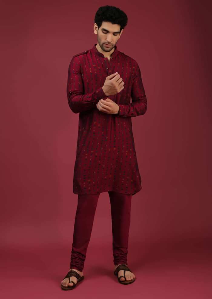 Maroon Nehru Jacket With Block Printed Floral Buttis And Geometric Printed Kurta Set