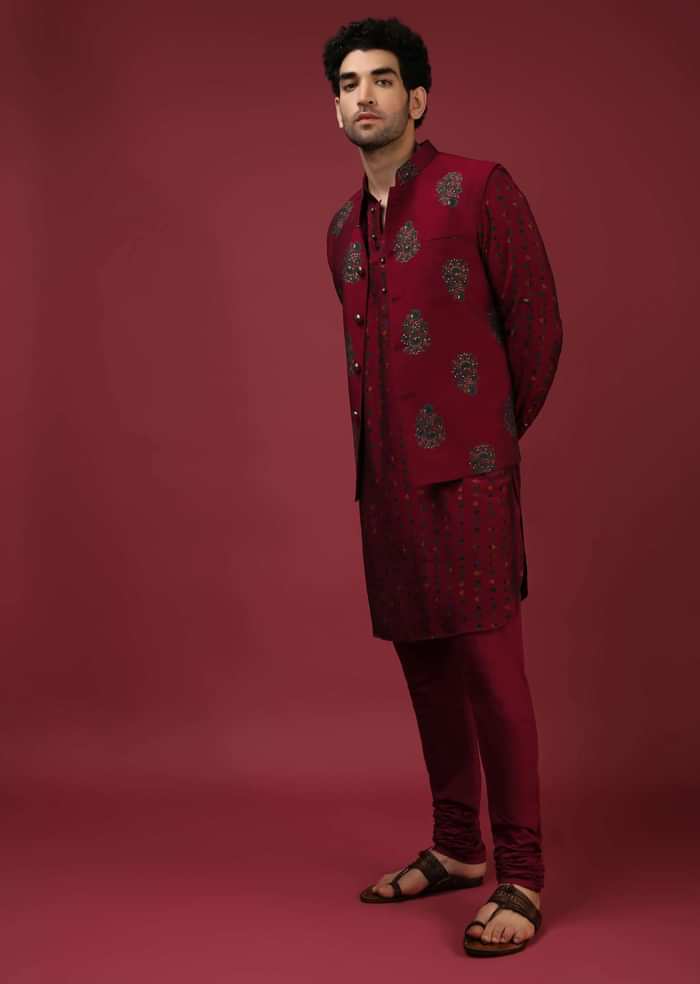 Maroon Nehru Jacket With Block Printed Floral Buttis And Geometric Printed Kurta Set