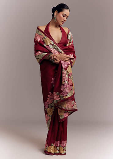 Maroon Organza Silk Saree With Floral Embroidery And Cutwork Maroon Organza Silk Saree With Floral Embroidery And Cutwork