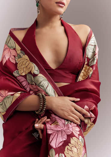 Maroon Organza Silk Saree With Floral Embroidery And Cutwork Maroon Organza Silk Saree With Floral Embroidery And Cutwork