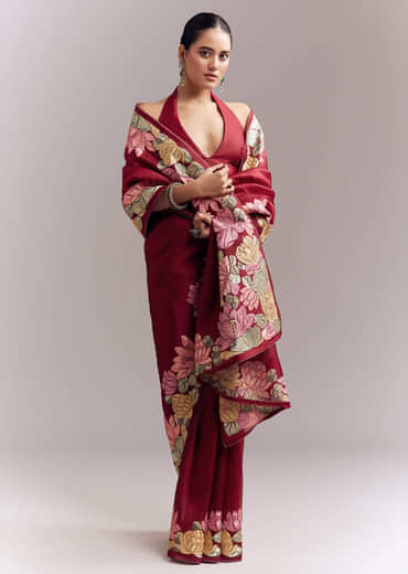 Maroon Organza Silk Saree With Floral Embroidery And Cutwork Maroon Organza Silk Saree With Floral Embroidery And Cutwork