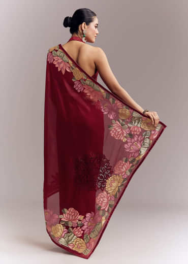 Maroon Organza Silk Saree With Floral Embroidery And Cutwork Maroon Organza Silk Saree With Floral Embroidery And Cutwork