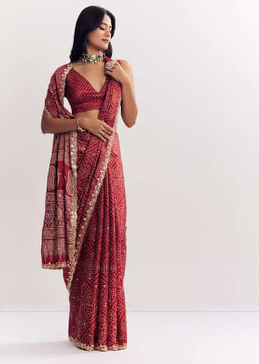 Maroon Satin Ajrakh Printed Saree With Gota And Sequins