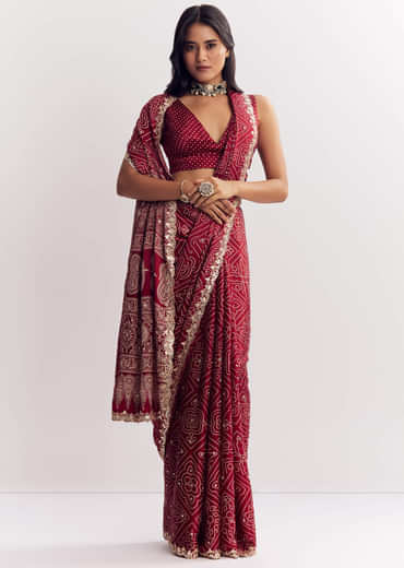 Maroon Satin Ajrakh Printed Saree With Gota And Sequins