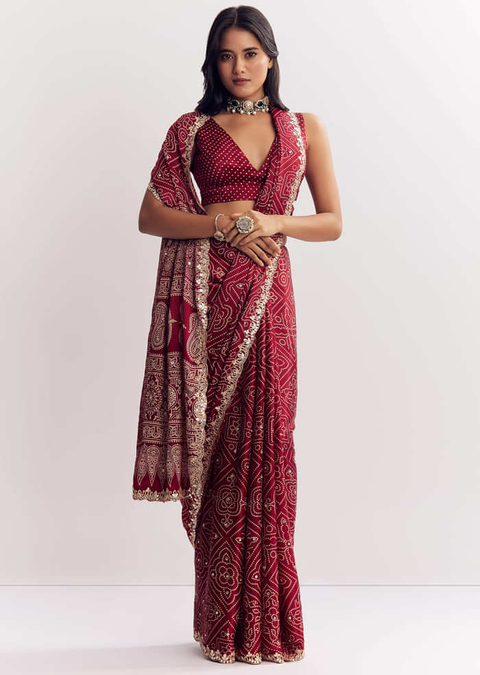 Maroon Satin Ajrakh Printed Saree With Gota And Sequins