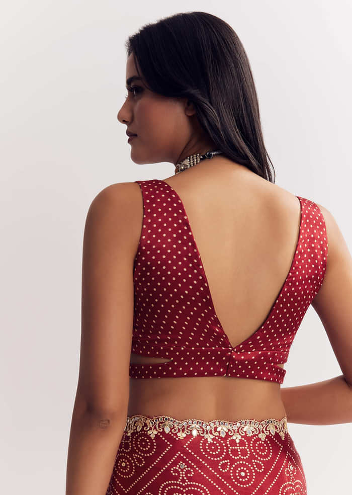 Maroon Satin Ajrakh Printed Saree With Gota And Sequins