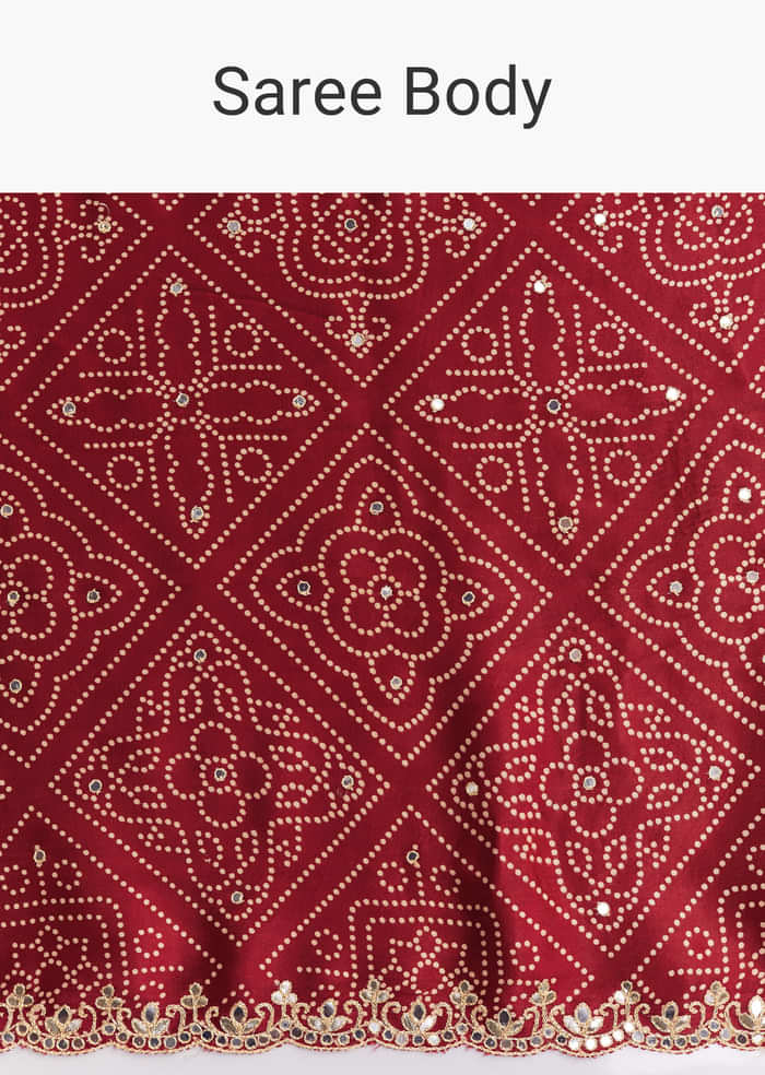 Maroon Satin Ajrakh Printed Saree With Gota And Sequins