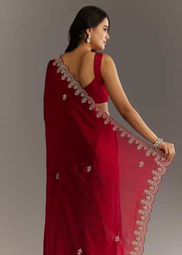 Maroon Satin Embroidered Saree With Scallop Border