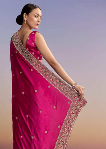 Maroon Satin Saree With Floral Embroidered Border