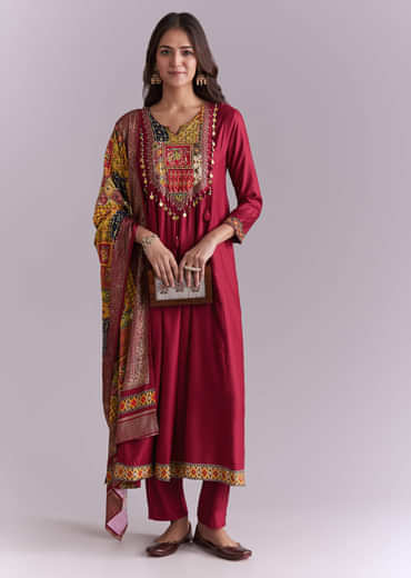 Maroon Silk Anarkali Suit With Embroidery And Printed Patch Work