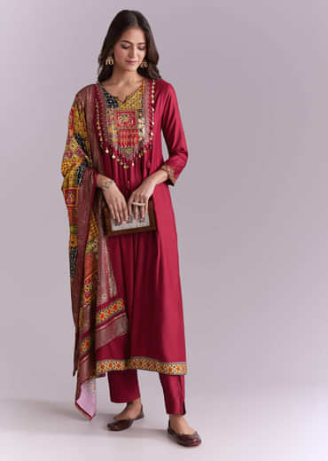 Maroon Silk Anarkali Suit With Embroidery And Printed Patch Work