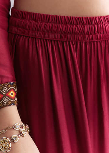 Maroon Silk Anarkali Suit With Embroidery And Printed Patch Work