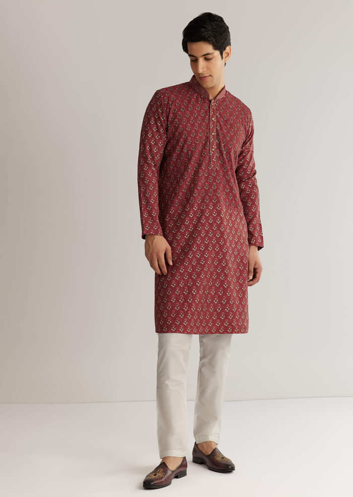 Maroon Silk Cutdana Floral Kurta Set