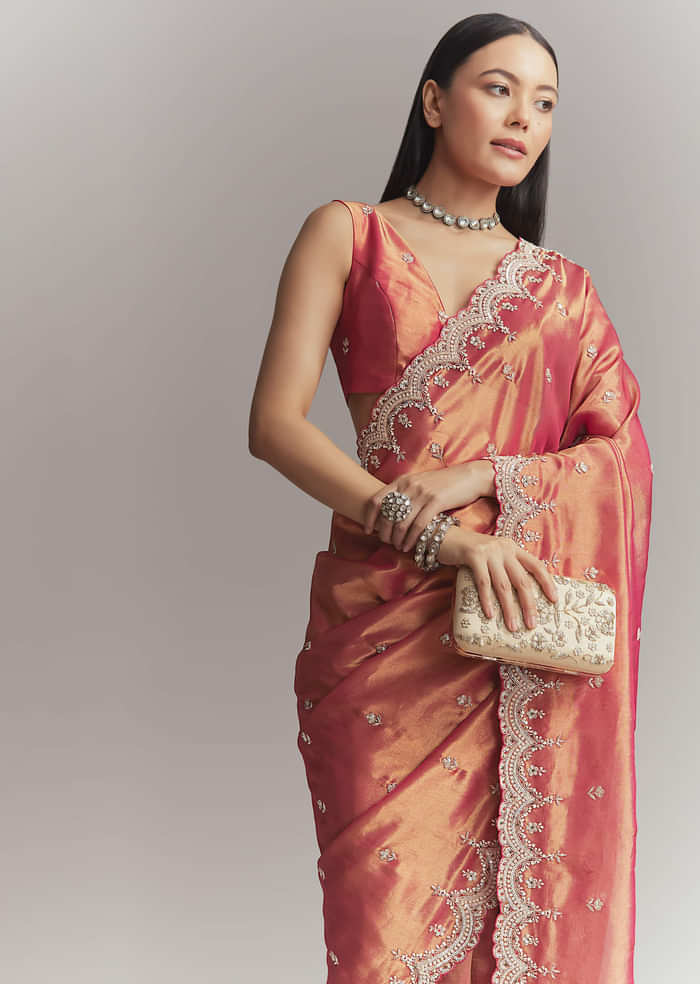 Maroon Silk Embroidered Saree With Heavy Hand Embroidery