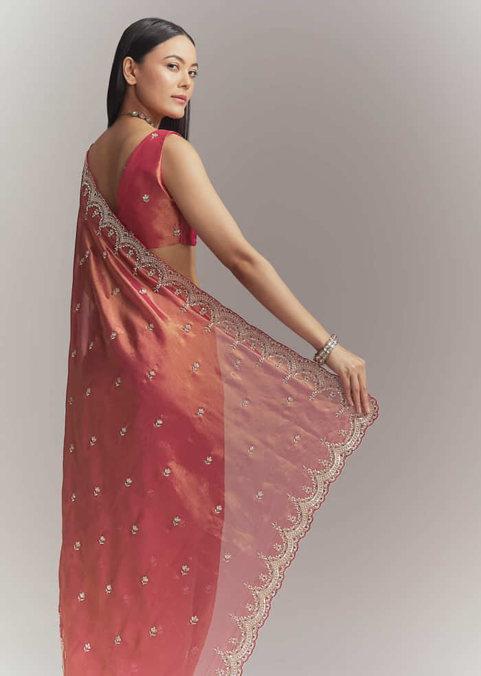 Maroon Silk Embroidered Saree With Heavy Hand Embroidery