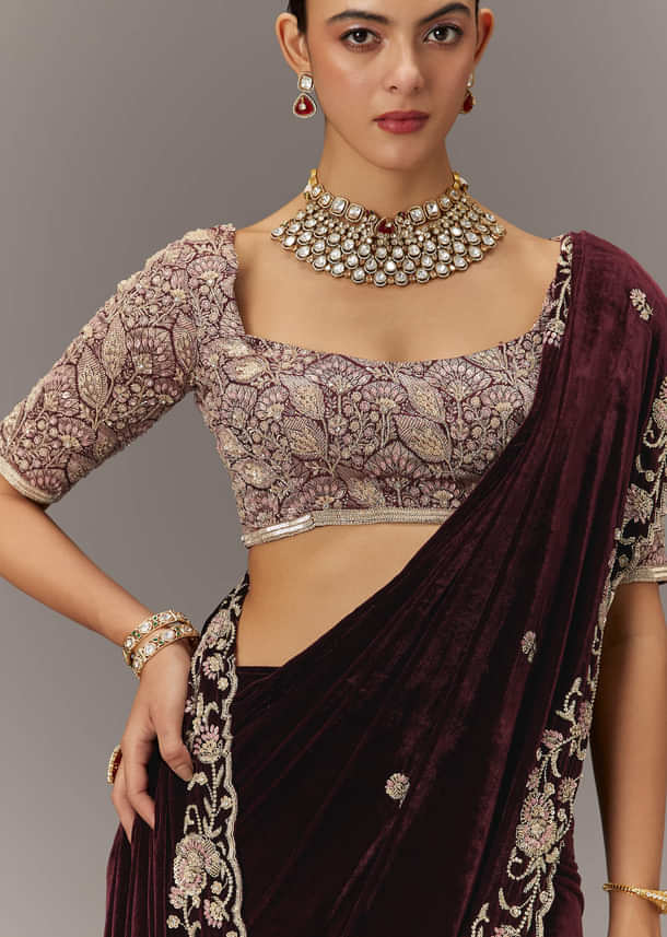 Maroon Velvet Saree With Brocade Embroidered Blouse