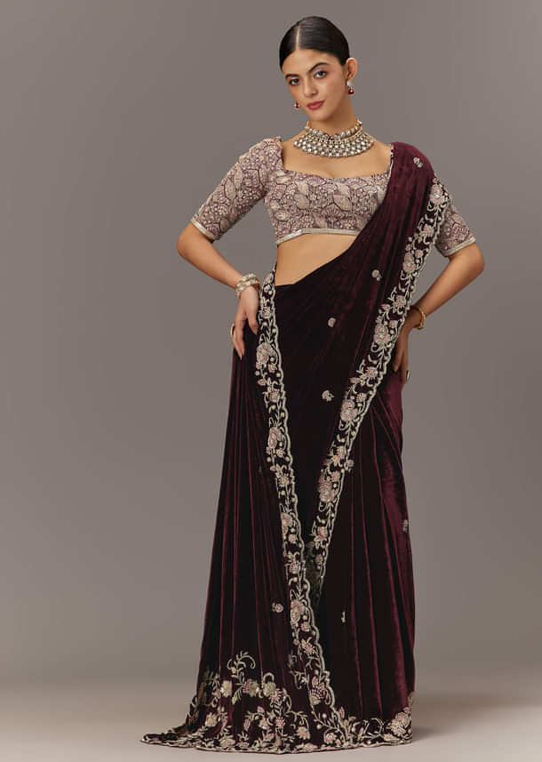 Maroon Velvet Saree With Brocade Embroidered Blouse