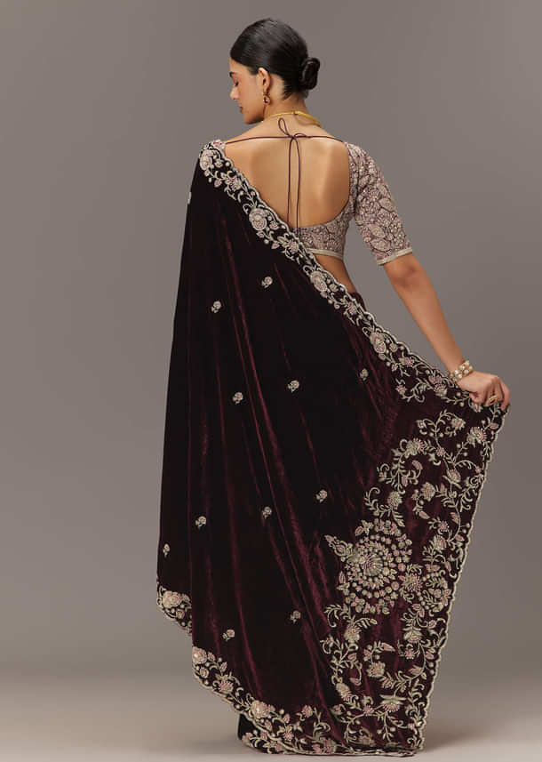 Maroon Velvet Saree With Brocade Embroidered Blouse