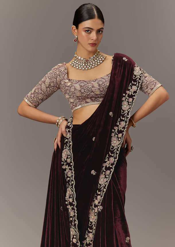 Maroon Velvet Saree With Brocade Embroidered Blouse