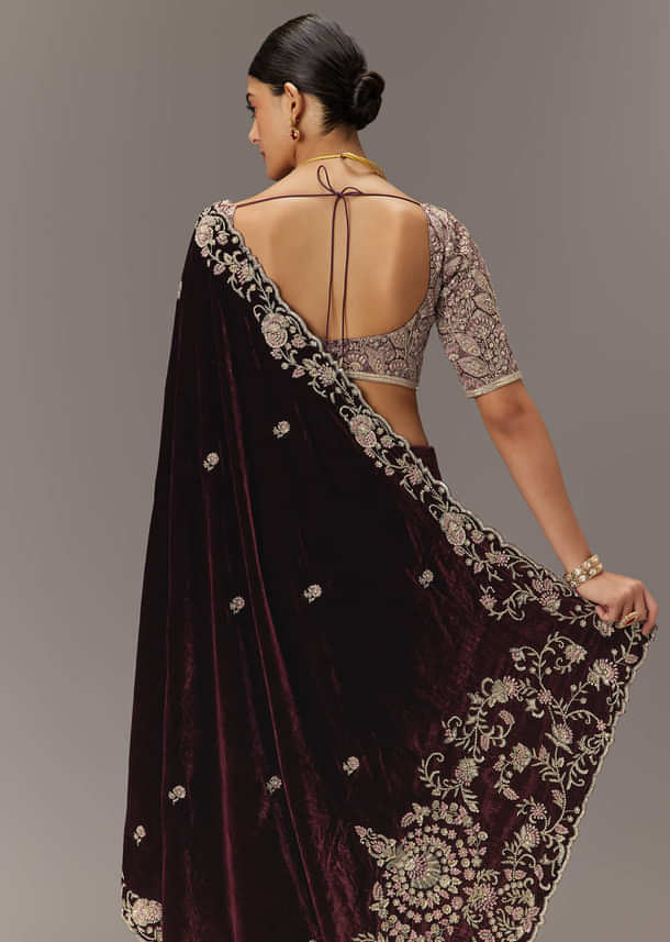 Maroon Velvet Saree With Brocade Embroidered Blouse