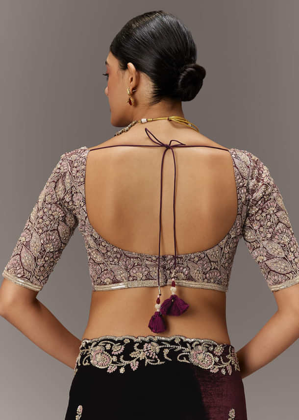 Maroon Velvet Saree With Brocade Embroidered Blouse