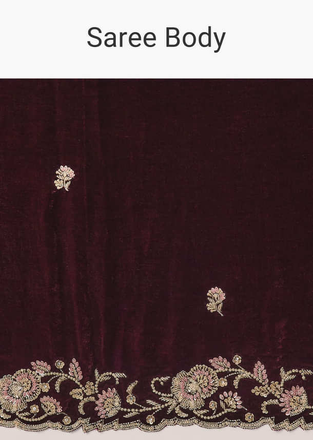 Maroon Velvet Saree With Brocade Embroidered Blouse