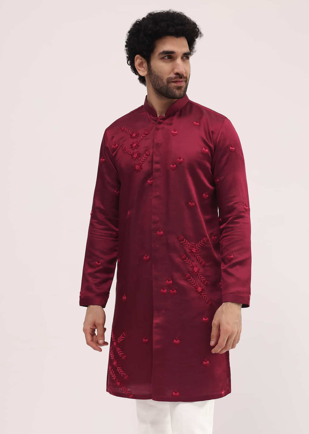 Maroon Bud Embroidered Silk Kurta Set For Men