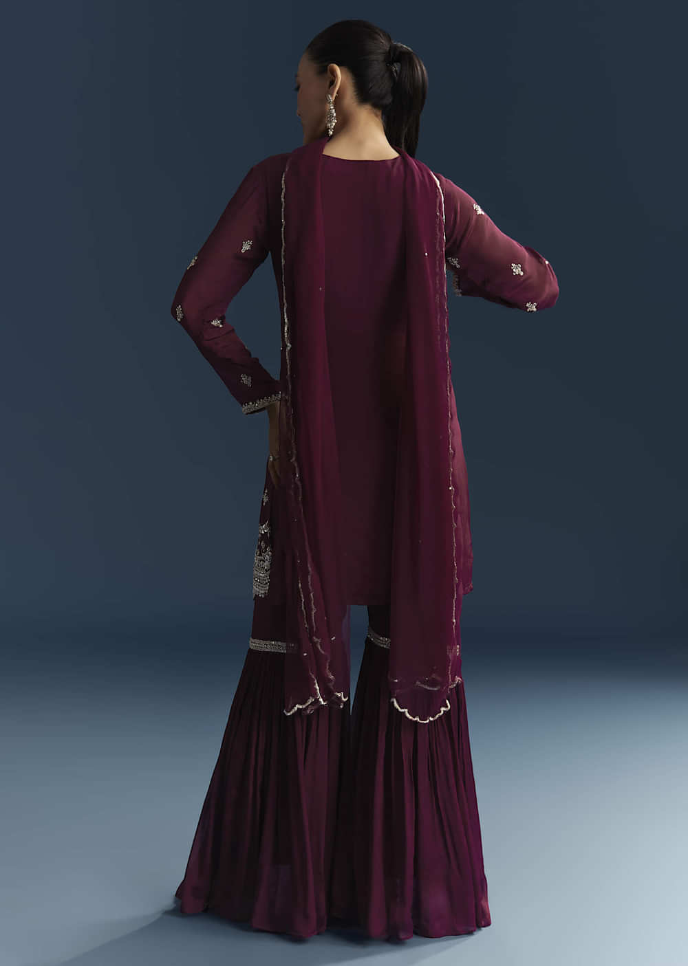 Maroon Chinon Sharara Suit With Cutdana And Sequins Embroidery