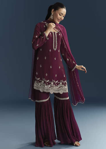Maroon Chinon Sharara Suit With Cutdana And Sequins Embroidery