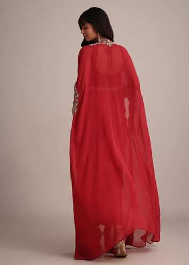 Maroon Embroidered Croptop And Pleated Skirt With Organza Jacket
