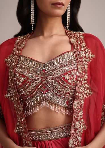 Maroon Embroidered Croptop And Pleated Skirt With Organza Jacket