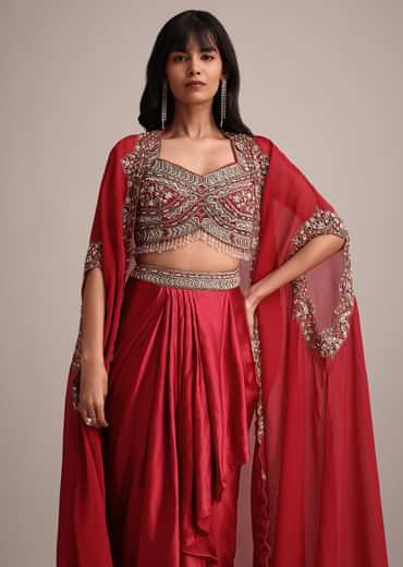 Maroon Embroidered Croptop And Pleated Skirt With Organza Jacket